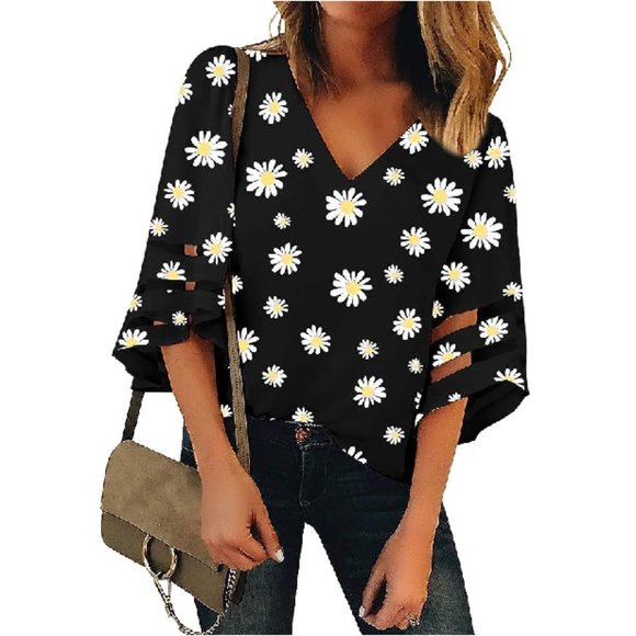 NEW! Women's SIZE XL V-Neck Daisy Blouse 3/4 Bell Sleeve Mesh Panels Shirt Top - Picture 1 of 3